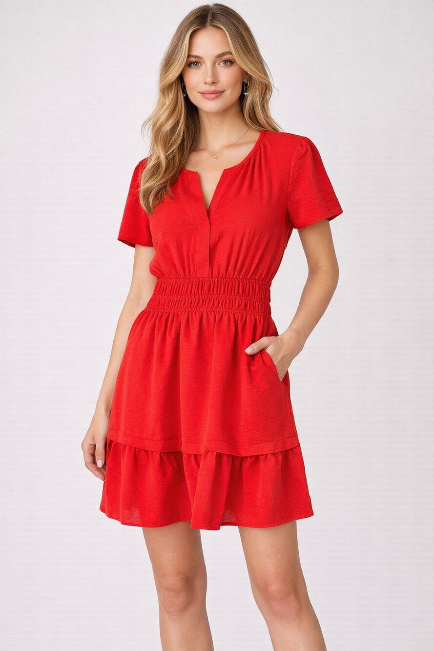 Tahari Arthur S Levine Short Sleeve Tiered Mini Dress Poppy Red Womens Small New - Picture 1 of 11